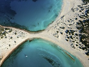 Drone shot, double bay of Simos beach, Sarakiniko beach, Elafonisos, Deer Island, Laconia,