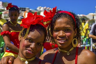 Colourful costumed, pretty woman. Carnival. Mindelo. Cabo Verde. Africa