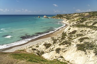 Petra tou Romiou beach, the Rock of Aphrodite in Kouklia near Paphos, Cyprus, Europe