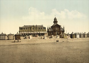 Beach and Casino, Calais, France, c. 1890, Historic, digitally enhanced reproduction of a