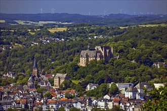 Elevated city view of the landgrave's castle and the old town, Marburg an der Lahn, Hesse, Germany,