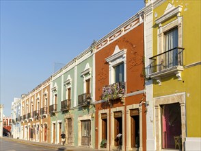 Marganzo restaurant in row of colourful Spanish colonial buildings, Campeche city, Campeche State,