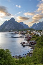 Village view of the fishing village Reine, traditional red Rorbuer cabins, at sunset, in the back