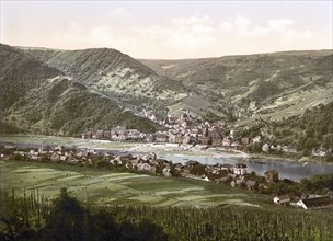 The town of Traben Trarbach on the Moselle, Rhineland-Palatinate, Historic, digitally enhanced