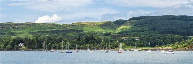 Panorama of Boats in Ardentallan Bay, Loch Feochan, Oban, Argyll and Bute, Scotland, UK