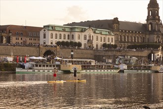 Stand-up paddlers on the Elber in front of the terrace bank with steamboats and the silhouette of