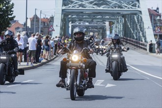 Harley Days Dresden, big ride through the city, here at the Elbe bridge Blaue Wunder