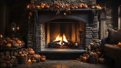 Fall and halloween decorated cozy fireplace interior setting, generative AI