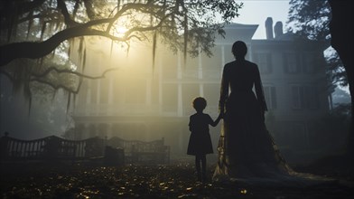 Eerie haunting ghostly silhouetted female and child figures walking in front of a foggy southern