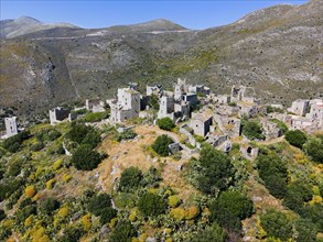 Drone shot, Vathia, Ithylo, Anatoliki Mani, Mani, Lakonia, Peloponnese, Greece, Europe