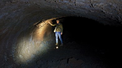 Lava Tunnels, Headlamps, Visitors, Etna, Volcano, Eastern Sicily, Sicily, Italy, Europe