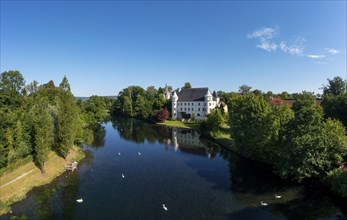 Drone shot, Renaissance castle, Hagenau Castle, Mattig estuary, Sankt Peter am Hart, Innviertel,