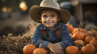 Happy young boy wearing cowboy hat sitting amongst the fall pumpkin harvest, generative AI