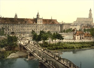 University and Bridge in Breslau, Silesia, today Wroclaw in Poland, Historic, digitally enhanced