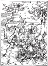 Hercules, woodcut by Albrecht Dürer, historical, digitally improved reproduction of an old woodcut,