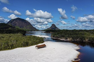 Black river and white sand beach before the granite hills, Cerros de Mavecure, Eastern Colombia