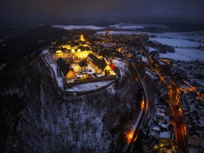 Augustusburg Hunting Lodge, also known as the Crown of the Ore Mountains, on a Winter Evening