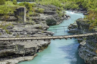 Broken bridge, valley of the Vjosa, the Vjosë is one of the few larger natural rivers in Europe,