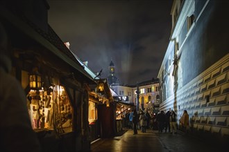 Medieval Christmas market in the stable yard of Dresden's Residenzschloss, a Renaissance knight's