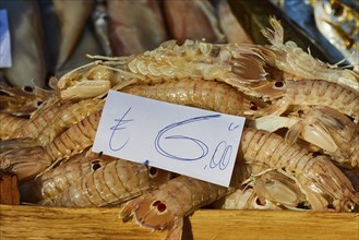 Prawns lying in a heap, price tag, detail, fish market, old town, Catania, east coast, Sicily,