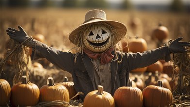 Scary ghostly halloween scarecrow figure sitting amongst the country pumpkin patch, generative AI