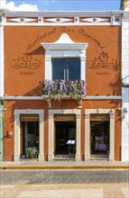 Marganzo restaurant in street of Spanish colonial buildings, Campeche city, Campeche State, Mexico,