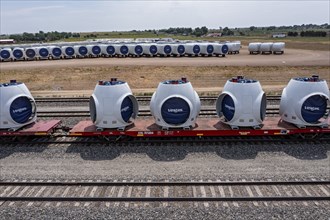 Brighton, Colorado, Wind turbine rotor hubs (on rail cars) and nacelles at the Vestas nacelle