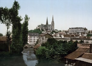 The Eure and the New Bridge, Chartres, France, c. 1890, Historic, digitally enhanced reproduction