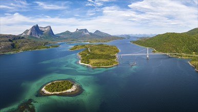 Fjord with islands in front of Bergen, Mount Stortinden, bridge over Kjerringstraumen, Efjord,