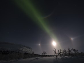 Diamond Moon with Moon dogs, Northern Lights, constellation of the Big Dipper and Polaris