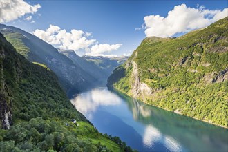 View of Skagefla farm and Geirangerfjord, near Geiranger, More og Romsdal, Norway, Europe