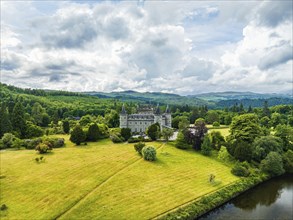 Inveraray Castle from a drone, Clan Campbell, Loch Fyne, Argyll, Scotland, UK