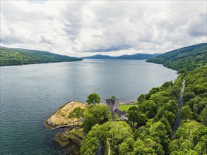 Dunderave Castle from a drone, Loch Fyne, Argyll, Scotland, UK