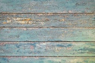 Grunge background with wooden dark teal blue colored old weathered planks with chipped paint