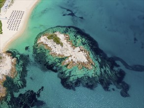 Aerial view, rocks and beach, Kalamitsi, Sithonia, Chalkidiki, Central Macedonia, Greece, Europe