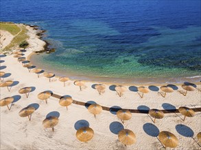 Aerial view, sunshades, Ema beach, Toroni, Torone, Sithonia, Chalkidiki, Central Macedonia, Greece,