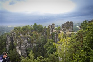 The world-famous Bastei Bridge over the Wehlgrund with Neurathen Rock Castle