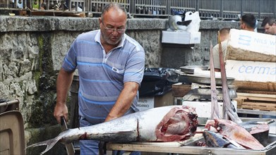 Vendor cuts up huge tuna with a cleaver, fish market, old town, Catania, east coast, Sicily, Italy,