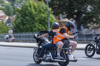 Harley Days Dresden, big ride through the city, here at the Elbe bridge Blaue Wunder