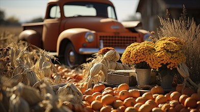 Pumpkin harvest fall themed decorations and classic truck, generative AI