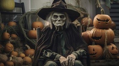 Ghostly scary old witch sitting amongst pumpkins and other halloween decorations, generative AI