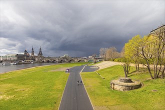 A rain shower passes over Dresden's Old Town on the Elbe River