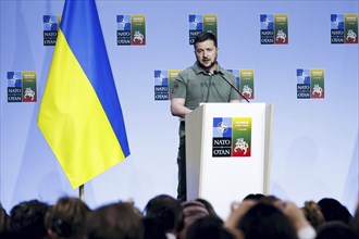 Ukrainian President Volodymyr Selensky, pictured at a joint press conference at the NATO summit in