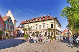 Bad Dürkheim, Germany, April 2021: Town square called römerplatz in historic city center of spa