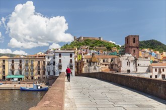 View over the Temo towards Bosa and the Malaspina Castle, Oristano Province, Sardinia, Italy, Bosa,