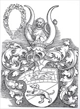 The coat of arms of Lorenz Staiber, woodcut by Albrecht Dürer, historical, digitally improved