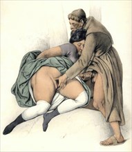 Monk playing erotically with a woman, Sex, Masturbation, c. 1850, erotic watercolour by Peter