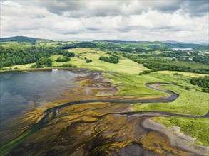 Loch Feochan and Feochan Bheag River from a drone, Feochan Glen, Oban, Argyll and Bute, West