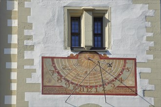 Sundial at the Grafeneckart built 14th century, town hall, detail, facade, Würzburg, Lower