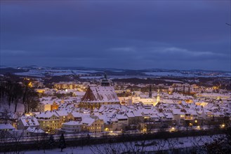 The snow-covered old town of Pirna on the Elbe River